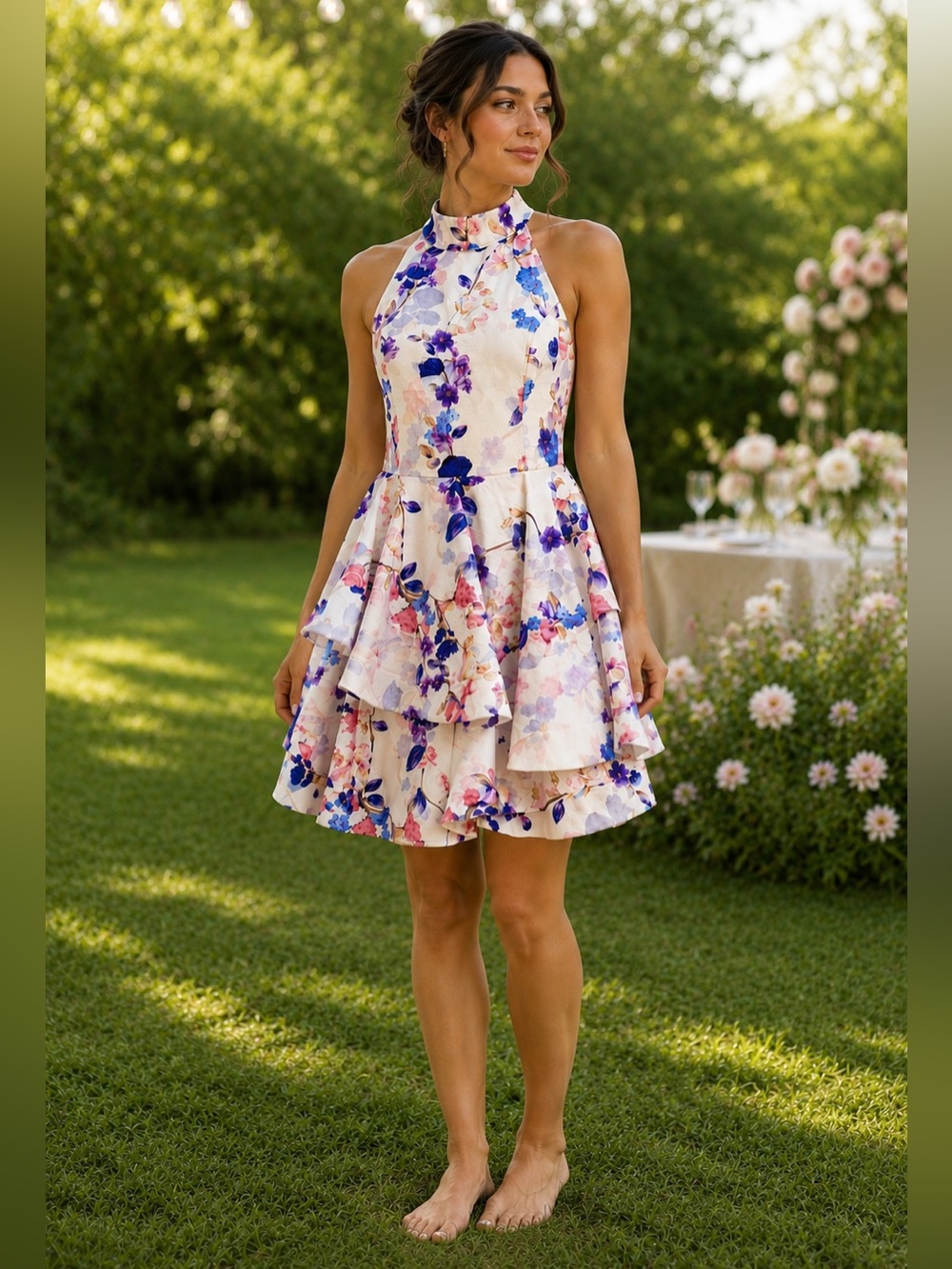 Angel Biba Floral Halter Fit & Flare Dress Open Back Ruffle Skirt Size 10